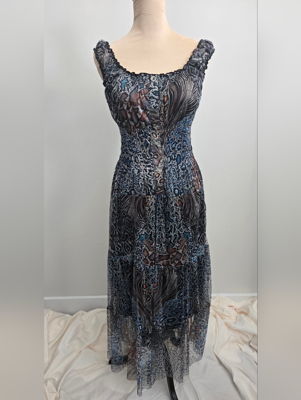 Smocked Maxi Dress in Black and Blue Abstract Print